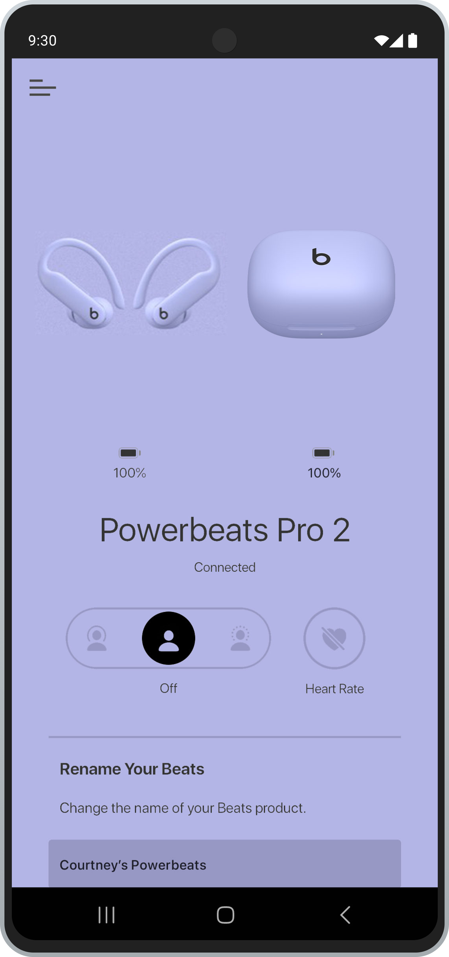 Android 手機上的 Beats app，當中顯示 Powerbeats Pro 2