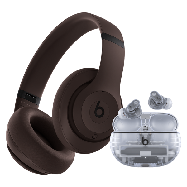 Image of Studio Pro in Dark Brown next to Beats Studio Buds + in Transparent color.