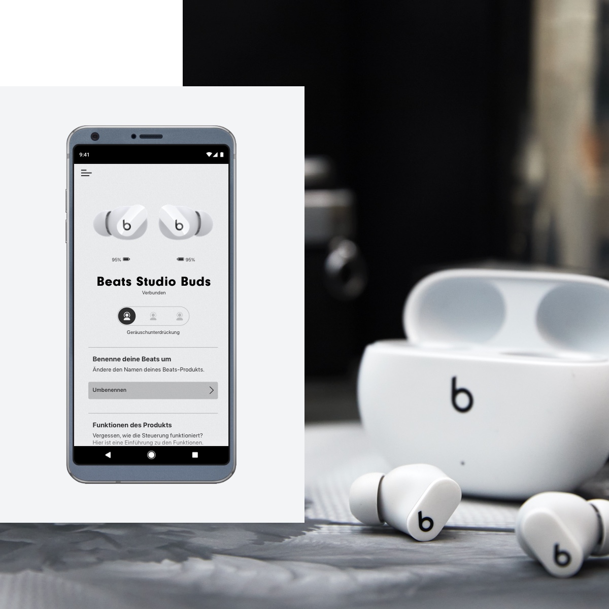 Bildschirmfotos, die die Funktionen der Beats App für Android zeigen