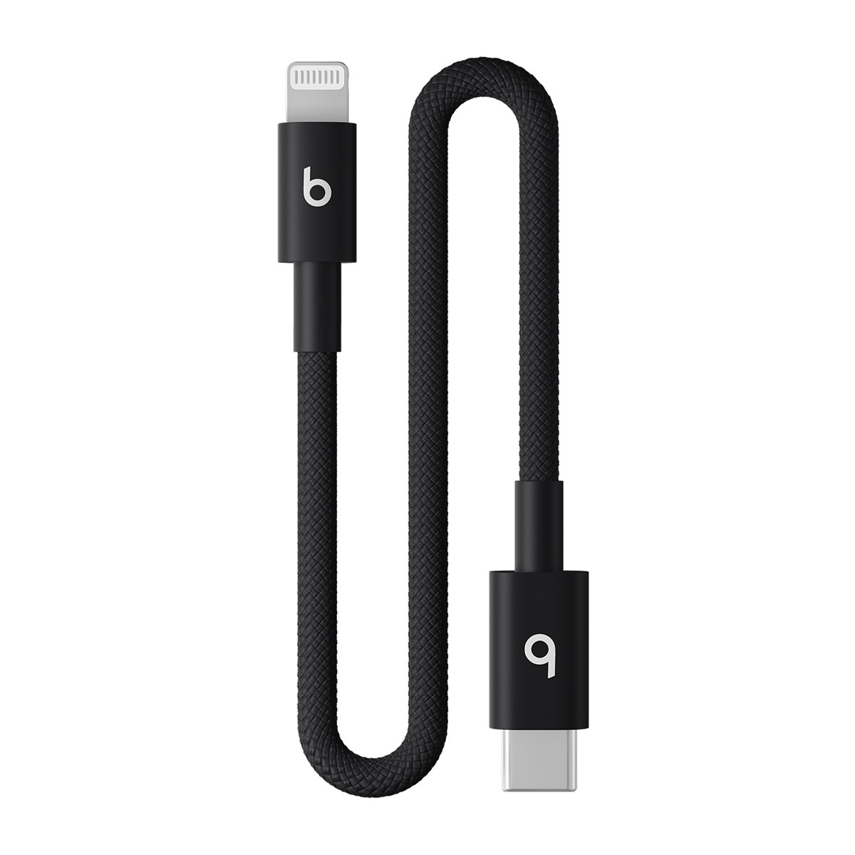 Close-up of Beats USB-C to Lightning Short Woven Cable in Bolt Black