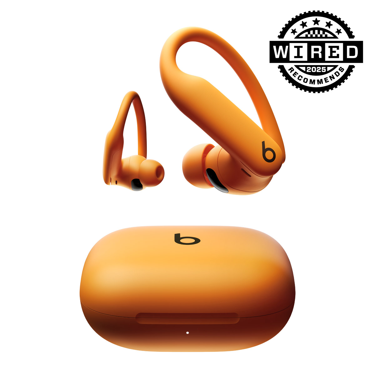 Close-up of Powerbeats Pro in Electric Orange.