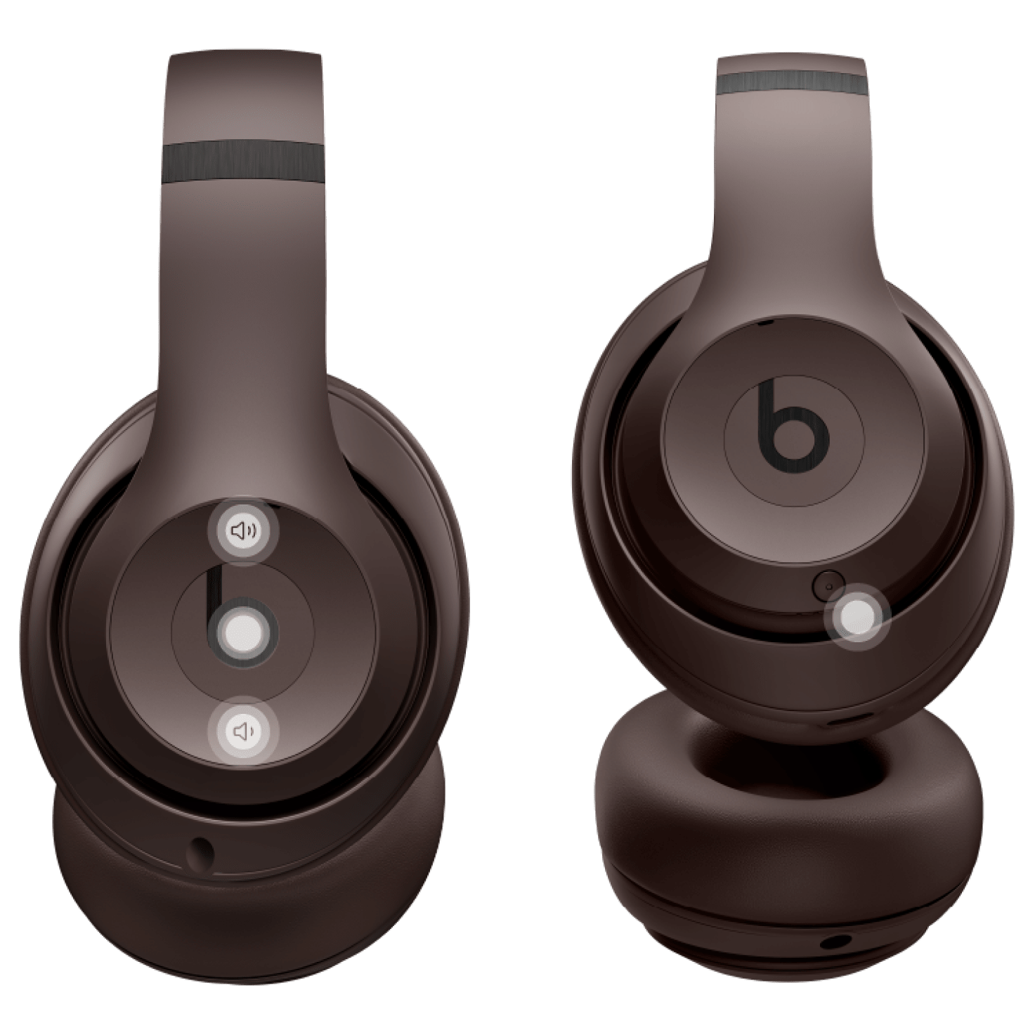 Close-up of Beats Studio Pro Wireless headphones in Deep Brown showing the on-ear controls